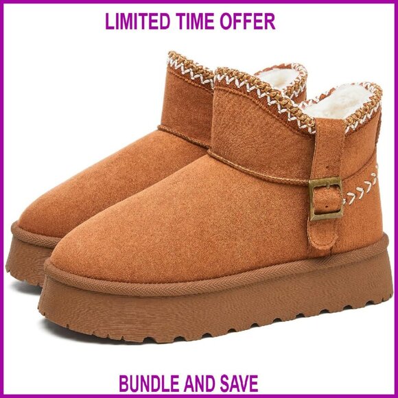 Shoes - Waterproof Snow Boots Women's Fur Lined Ankle Boots Platform Non-Slip Winter